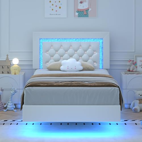 BarnFurin Floating Bed Frame Twin with LED Lights, Upholstered Platform Bed with Diamond Tufted Headboard, No Box Spring Needed, Noise Free, Easy Assembly, White BarnFurin