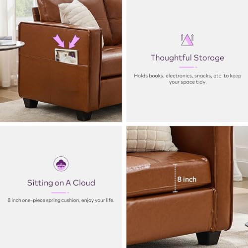 TYBOATLE 65" Faux Leather Sofa Couches for Living Room, Mid-Century Modern Tufted Comfy Loveseat w/USB Charging Ports and Wide Arms, 2 Seater Office Small Couch for Small Space Bedroom, Brown TYBOATLE