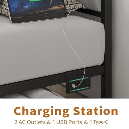 CollaredEagle Twin Bed Frame with LED Lights & Charging Station, Metal Platform Bed Frame with Fabric Upholstered Headboard, No Box Spring Needed, Noise Free, Easy Assembly, Black CollaredEagle