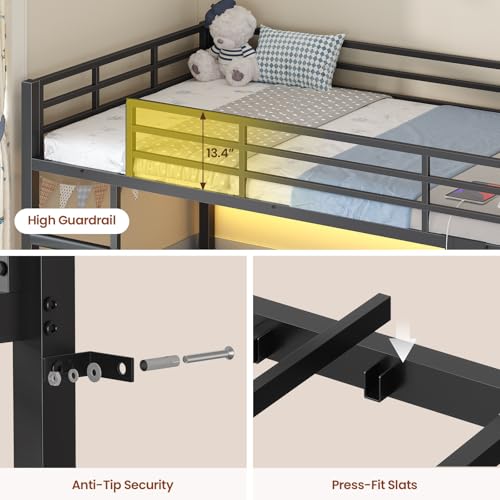 ADORNEVE Low Bunk Bed Twin Over Twin with Bookshelf, 4 Storage Drawers, Metal Kids Bunk Bed with Power Outlet & RGB Lights, Clothing Rack & Shelves, Safety Guardrail & Ladder, Black ADORNEVE