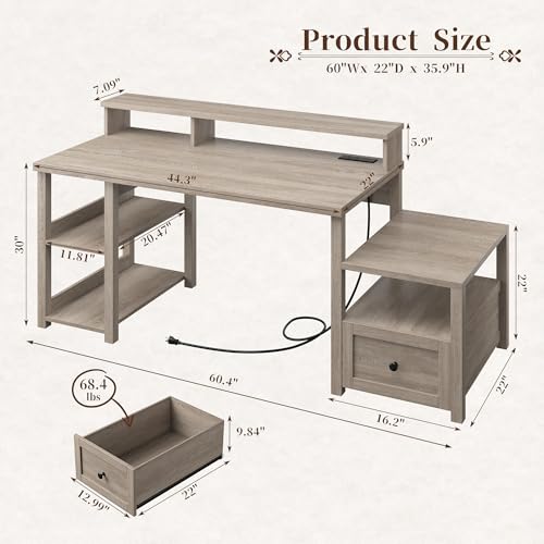 EnHomee 60.4" Computer Desk with Drawer & Power Outlet, Gaming Desk with LED Light, Office Desk with Monitor Stand, Farmhouse Study Desk, Work Desk for Home Office, Study Room, Bedroom, Ash Gray EnHomee