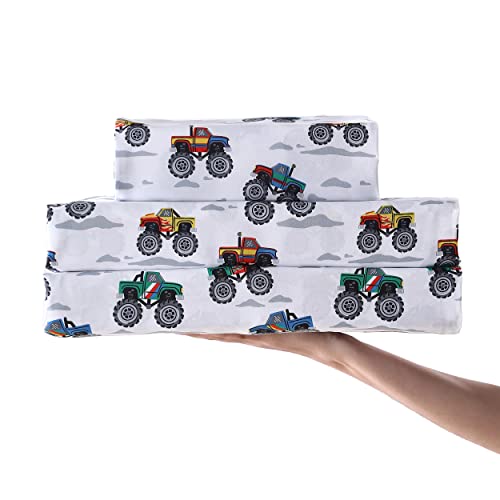Poppy & Fritz Kids, Full Sheet Set, Stain Resistant Kids Bedding, Soft & Cozy Toddler Bedding Set (Trucks Grey, Full) Poppy & Fritz
