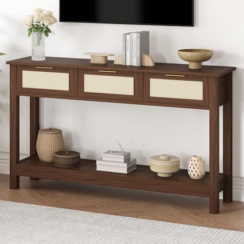 Luoxiao Console Table for Entryway with 3 Rattan Drawers Boho Entry Table with Storage Open Shelf, Narrow Long Sofa Tables for Living Room, Hallway, Foyer, Couch, Front Door, Walnut, 47 Inch Luoxiao