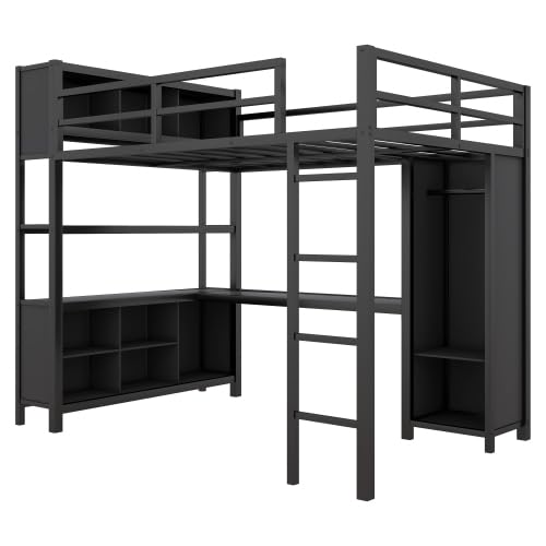 Bellemave Metal Loft Bed with Wardrobe and L-Shaped Desk, Full Size Loft Bed with Storage Cubes and Shelves, Heavy Duty Loft Bed for Kids Teens Adults, Black Bellemave