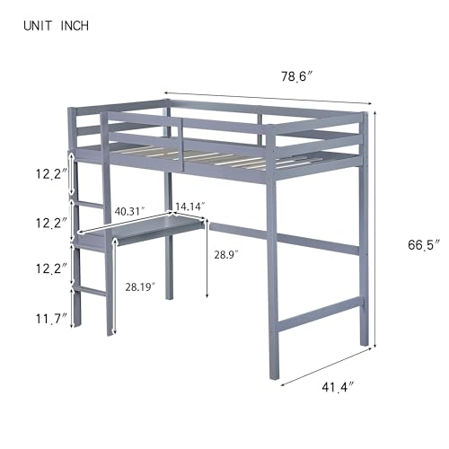 Twin Size High Loft Bed with Built-in Desk,Rubber Wood Loft Beds for Kids with Ladder & Safety Guardrail,Space-Saving Study and Sleep Combination,Wooden Frame for Bedrooms,Easy Assembly,Grey GDFStudio