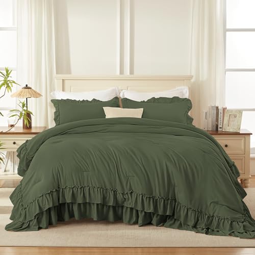 Andency Olive Green Twin Size Comforter Set (66x90Inch), 2 Pieces Fluffy Shabby Chic Ruffle Bedding Comforter Sets, All Season Soft Lightweight Bedding Set for Kids, College Dorm
