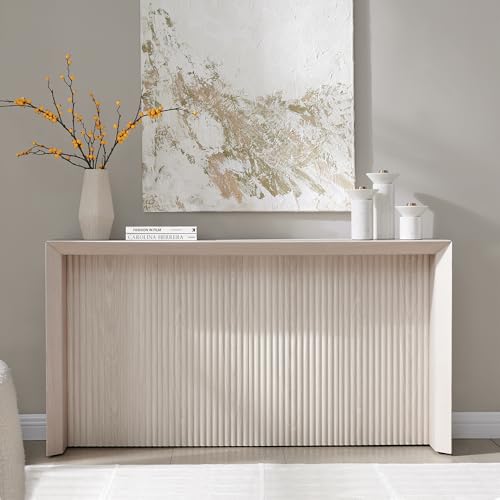 Henn&Hart 56" Fluted Wooden Rectangular Console Table Ribbed Entryway Table, Sofa Table for Entryway, Living Room, Couch, Hallway, or Office, Beech White Henn&Hart
