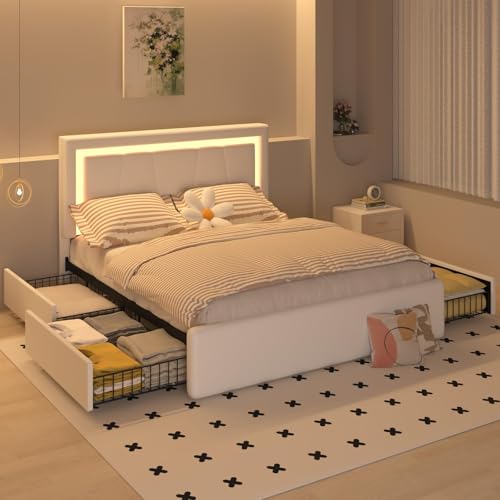 Benevika Full Bed Frame with 4 Storage Drawers and Adjustable Headboard, Upholstered Platform Bed with LED Lights and USB Ports, Solid Wooden Slats Support, Faux Leather, Easy Assembly, Beige Benevika