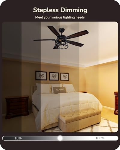 EDISHINE 52 Inch Farmhouse Ceiling Fans With Lights, Rustic Ceiling Fan With Light and Remote, 5 Wood Blades Ceiling Fan with Timer, 6 Speeds Reversible DC Motor for Bedroom, Patio, Porch EDISHINE