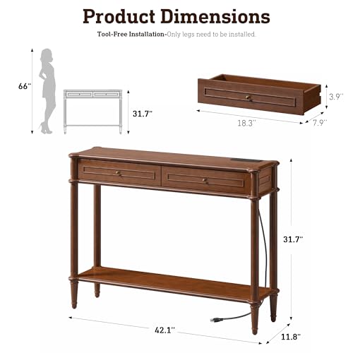 Console Table for Entryway with Charging Station,Retro Entryway Table with 2 Drawers-Easiest Assembly,Sofa Table with Bottom Shelf,Narrow Long Couch Table Behind Sofa for Living Room,Foyer (Walnut) STO'SENSE