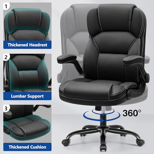 PU Leather Executive Office Chair, Ergonomic High-Back Computer & Gaming Chair with Adjustable Height, Rolling Swivel & Flip-Up Armrests, Comfy Padded Seat for Home Office-Black FelixKing