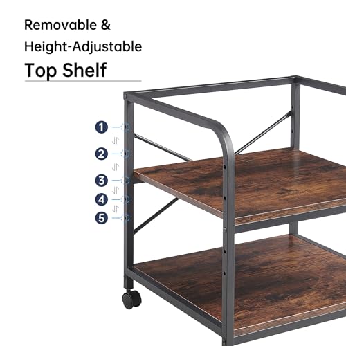 Fannova Under Desk Printer Stand, 20 Inches Deep Large Printer Table with Height Adjustable Storage Shelf, 2 Tier Rolling Printer Cart with Wheels for Home Office - Rustic Brown Fannova
