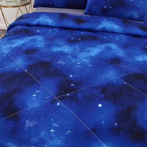 SDIII 3PCS Blue Galaxy Comforter Set Full, Soft Microfiber Lightweight Blue and Pink Space Comforter Full, Galaxy Bedding for Boys Girls Kids Teens SDIII