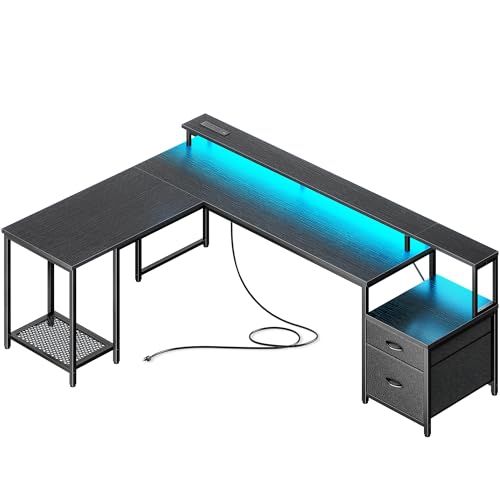 PRAISUN 66" L Shaped Gaming Desk with LED Lights & Power Outlets, Computer Desk with Fabric Drawers and Print Stand, Corner Office Desk, Monitor Stand, Mesh CPU Stand, Black PRAISUN