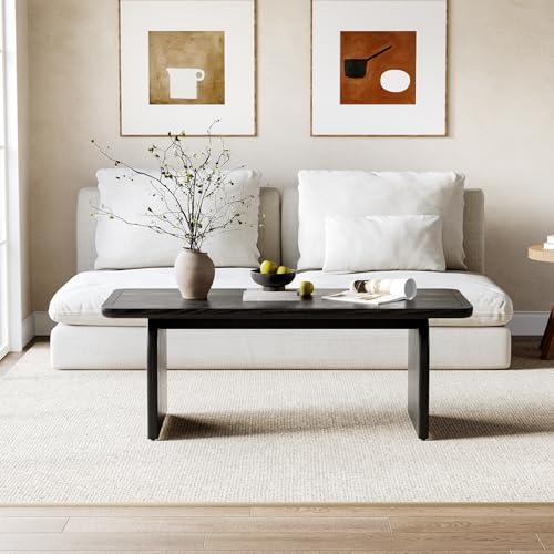 LITTLE TREE Farmhouse Coffee Table, 47 Inches Wooden Center Tables with Rounded Corners, Rectangular Living Room Tables, Modern Low Cocktail Tea Furniture for Living Room (Black) LITTLE TREE