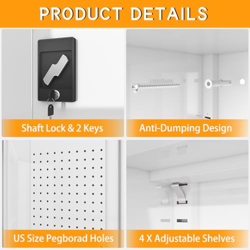 Upgraded Tall & Wide Metal Storage Cabinet with Doors & 4 Adjustable Shelves | Heavy-Duty Black Lockable Garage Cabinet with Wheels & Pegboard for Office, Gym, Basement, Warehouse (White) basenji