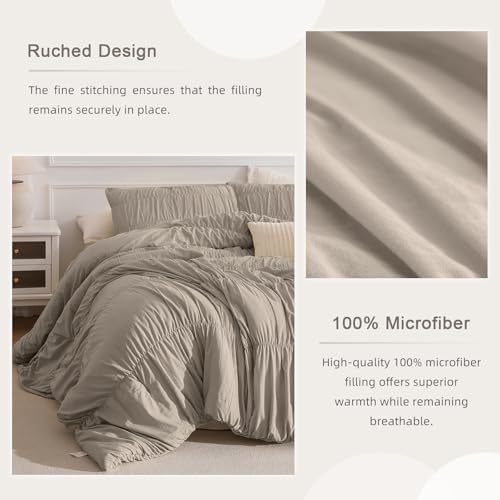 Masaca Oversized King Comforter 128x120,Linen Like Textured Ruched Shabby Boho Chic Bedding Comforter Set,3Pcs Extra Large King Size Ruffle Luxury Fluffy Bedroom Comforter Sets Lightweight Masaca