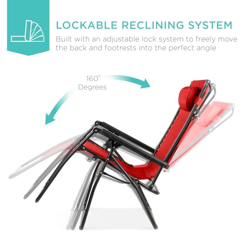 Best Choice Products Folding Zero Gravity Outdoor Recliner Patio Lounge Chair w/Adjustable Canopy Shade, Headrest, Side Accessory Tray, Textilene Mesh - Crimson Red