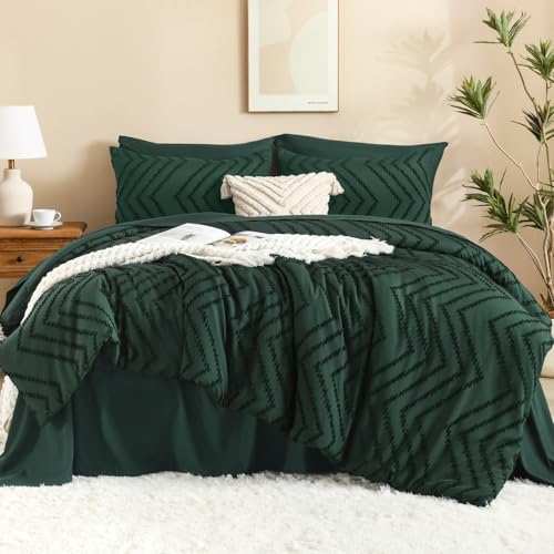 Litanika Comforters Queen Size Set with Sheets Dark Emerald Green - 7 Pieces Bed in a Bag Queen Chevron Tufted Complete Beddding Sets with Comforter, Sheets, Pillowcases & Shams