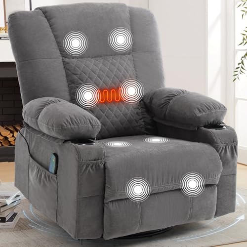 Overstuffed Fabric Swivel Rocker Recliner with Massage and Heat,360° Recliner Chair Rocking Glider Chair with Cup Holder for Adult,Grey