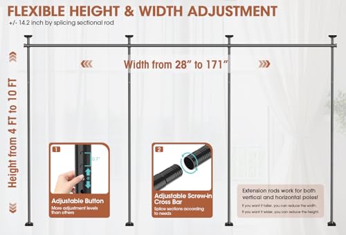 SUNALLY Room Divider Curtain Rod, No Drilling Wall Divider for Room Separation, 4-10ft(H) 28-171inch(W) Adjustable Heavy Duty Partition Space Separator Freestanding Tension Curtain Stand, Black SUNALLY