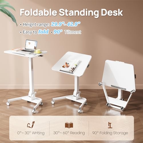 JYLH JOYSEEKER Foldable Mobile Standing Desk, 90 Tiltable Rolling Standing Desk, Height Adjustable Portable Laptop Workstation for Home Office, Easy to Fold, White JYLH JOYSEEKER
