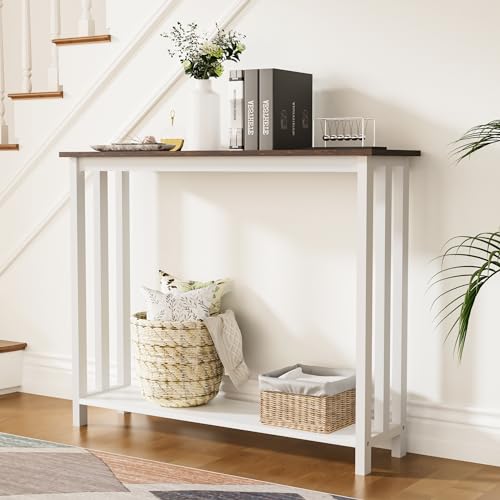 Acovy Farmhouse Solid Wood Console Table, 2 Tier Entryway Table with Storage Shelves, Narrow Sofa Table for Living Room, Hallway, Foyer, Entryway, Rustic White Acovy