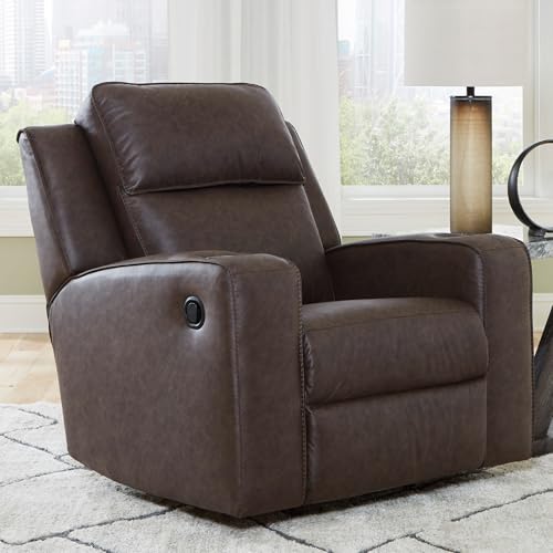 Signature Design by Ashley Lavenhorne Contemporary Faux Leather Upholstered Manual Rocker Recliner with 2 Cup Holders, Dark Brown Signature Design by Ashley