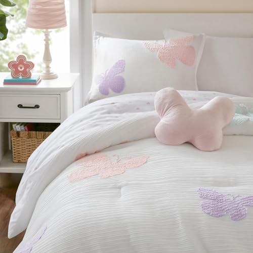 Intelligent Design Kids Rio Twin Comforter Set – Girls’ Reversible Tufted Chenille Bedding with Pastel Purple Butterflies and Pink Dot, 3pcs Intelligent Design