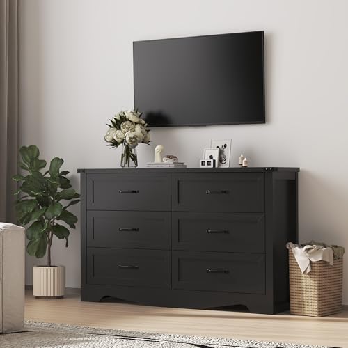 Xixini Dresser with 6 Drawers, Double Dresser for Bedroom, Black Farmhouse Chest of Drawers, Wide Wood Storage Dresser Organizer, Rustic TV Stand with Metal Handle for Hallway, Living Room, Entryway Xixini