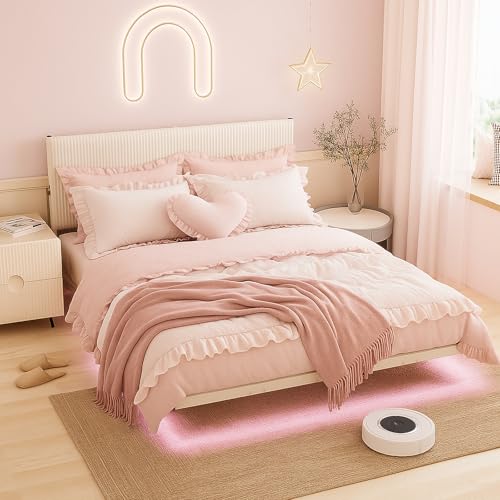 ARFARLY Floating Bed Frame Queen Size with Upholstered Headboard Queen Bed Frame with Charging Station and LED Lights Easy to Assemble White ARFARLY