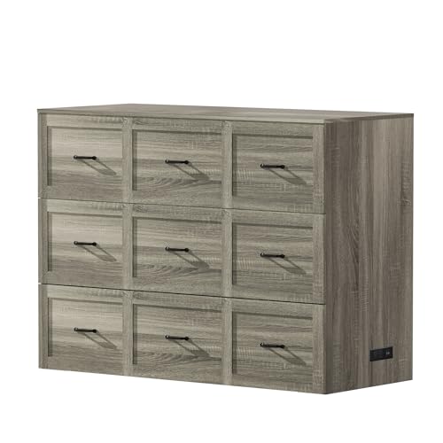 NEBZHASK Full Size Murphy Bed with Charging Station and Drawer Farmhouse Cabinet Bed Wood Space-Saving Hidden Folding Platform Bed Chest for Home Office Bedroom Guest Room Apartment,Gery