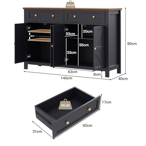 Cakhdry 55" Sideboard Buffet Cabinet with Storage, Large Kitchen Storage Cabinet with 2 Drawers and 4 Barn Doors, Farmhouse Coffee Bar Buffet Table for Kitchen Living Room Room, Black Cakhdry