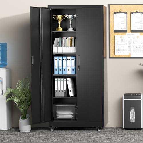 Greenvelly 73" Rolling Storage Cabinet,Black Metal Garage Cabinet with Locking Doors and 4 Adjustable Shelves for Home,Kitchen,Office,Warehouse(32" W x 16" D,Wheels) Greenvelly