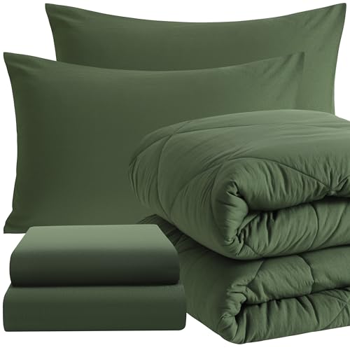 NTBAY Twin Comforter Set with Sheets, 5 Pieces Soft and Breathable Twin Bedding Set, Twin Bed in a Bag, Down Alternative Comforter Set Solid Color All Season, Kids Bedding Set, Olive Green NTBAY