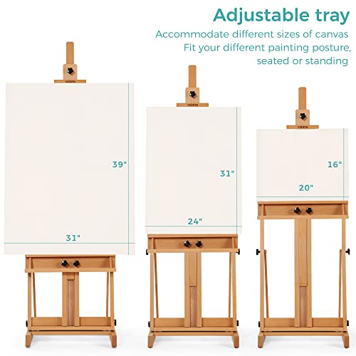 VISWIN Large H-Frame Easel 53"-91 "H, Hold Canvas up to 78", Premium Beech Wood Easel Stand for Painting with Larger Storage Tray, Adjustable Floor Art Easel for Adults, Artists - Natural VISWIN