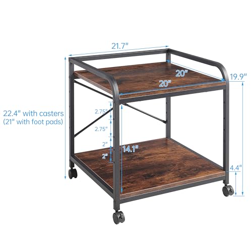 Fannova Under Desk Printer Stand, 20 Inches Deep Large Printer Table with Height Adjustable Storage Shelf, 2 Tier Rolling Printer Cart with Wheels for Home Office - Rustic Brown Fannova