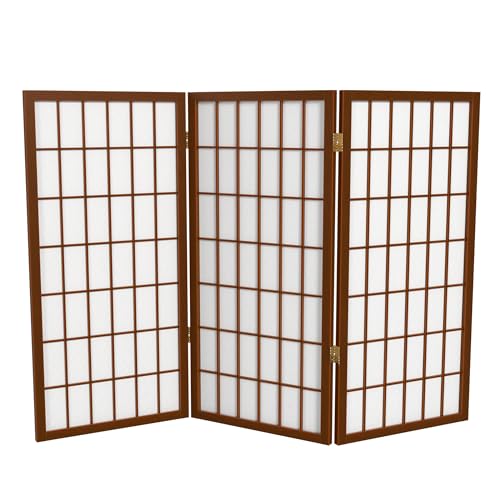 3 ft. Short Window Pane Shoji Screen - Walnut - 3 Panels Red Lantern