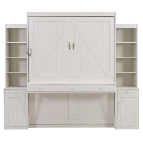 Harper & Bright Designs Queen Size Murphy Bed with Desk and Storage Cabinets, Wooden Hidden Folding Farmhouse Murphy Wall Bed Frame with Drawers for Adults, White Harper & Bright Designs