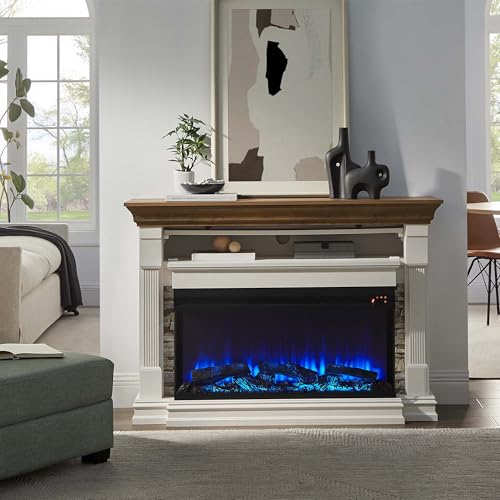 OKD 52 Inch Electric Fireplace with Mantel, Fireplace TV Stand with 36" 3-Sided Glass Electric Fireplace Heater for Living Room (Antique White) OKD