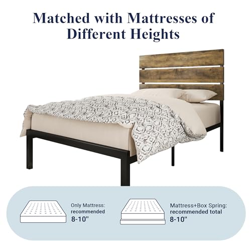 Allewie Twin Size Rustic Platform Bed Frame with Wood Headboard and Metal Slats - Light Brown Allewie