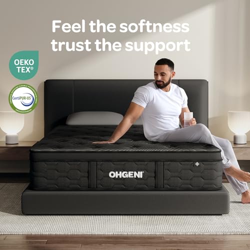 OhGeni 14 Inch Cooling Queen Size Mattress, Hybrid Gel-infused Memory Foam Bed Mattresses in a Box, Medium Feel Cool Top Fabric,Individual Pocket Spring, 3-Zone design & Reinforced Edge Support, Black OhGeni