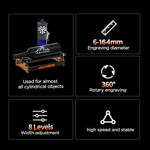 ACMER M3 Laser Rotary Roller, 360° Y-Axis Rotary Module for Cylindrical Engraving, Adjustable 6–164mm Diameter, Compatible with ACMER P3/P2/P1/S2/S1/P1 S Pro and Most Laser Engravers ACMER