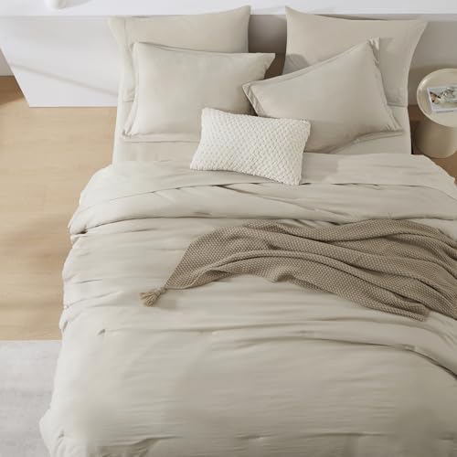 WRENSONGE Oversized Queen Comforter Set - 7 Pieces Light Oatmeal Bed in a Bag Queen with Sheets, 2 Pillow Shams, and 2 Pillowcases- Warm Bedding Sets Queen for All Season WRENSONGE