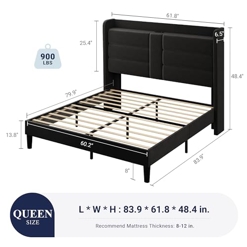Allewie Queen Size Platform Bed Frame with Charging Station & Storage Headboard, Upholstered Velvet Wingback Design & USB Port, Strong Wooden Slats Support, No Box Spring Needed, Easy Assembly, Black Allewie
