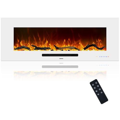 Oxhark Flame 50 inch Electric Fireplace, Recessed & Wall Mounted Fireplace Heater with Remote Control and 750/1500W Thermostat, Multicolor Flame Combinations, Logs & Crystal, White Oxhark Flame