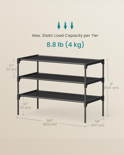 SONGMICS Shoe Rack, 3-Tier Shoe Storage Organizer, Space-Saving, 11.6 x 24.5 x 21 Inches, Entryway, Metal Frame, Non-Woven Fabric Shelves, Ink Black ULSH023BH01 SONGMICS