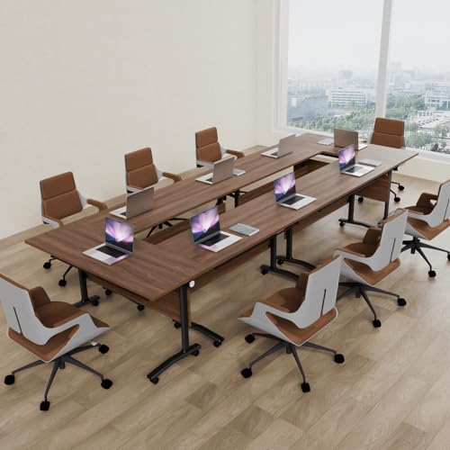 6Packs Folding Conference Table with Silent Wheels,Mobile Flip Top Meeting Room Table for Office Training and Classroom,Foldable Modular Rolling Desk for Home Office,Walnut Space-Saving Rectangular JFazzruit