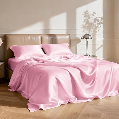 Love's cabin Satin Queen Sheets Set - 4 Piece Pink Silky Bed Sheets Set with Deep Pocket, Luxury Silk Feel Satin Queen Size Sheet Set (1 Flat Sheet, 1 Fitted Sheet, 2 Pillow Cases) Love's cabin