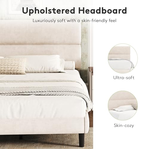 GRUSIGN King Size Platform Bed Frame with Velvet Headboard, Adjustable Height Wooden Slats Support, Upholstered Mattress Foundation, Fits Mattress or Mattress with Box Spring, Easy Assembly, Beige GRUSIGN